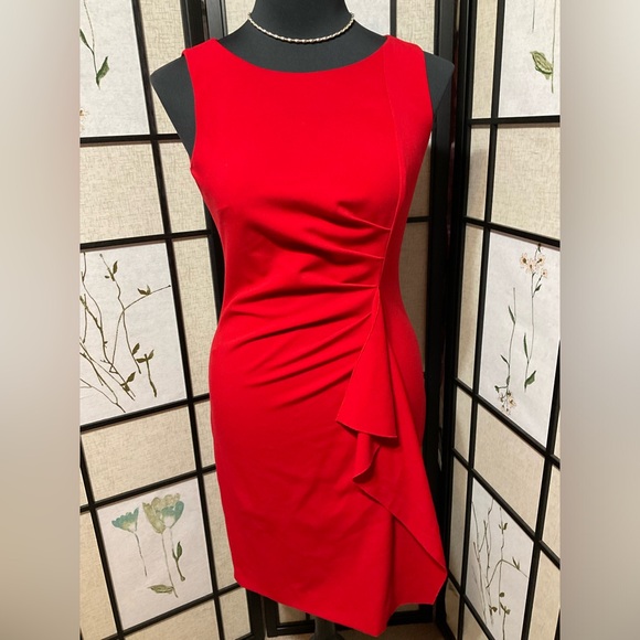Calvin Klein Red Dress with Vertical Ruffle on side - Picture 1 of 7